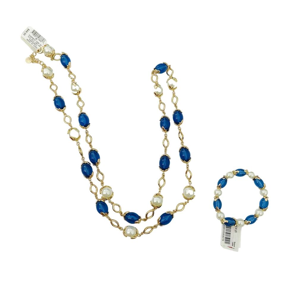 Charter Club Blue Gold Faux Pearl Dragonfly Long Necklace Stretch Bracelet Set